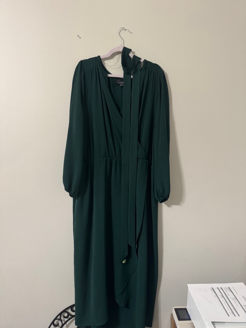 connected apparel Dark Green Long Sleeve Midi Dress with Neck Tie
